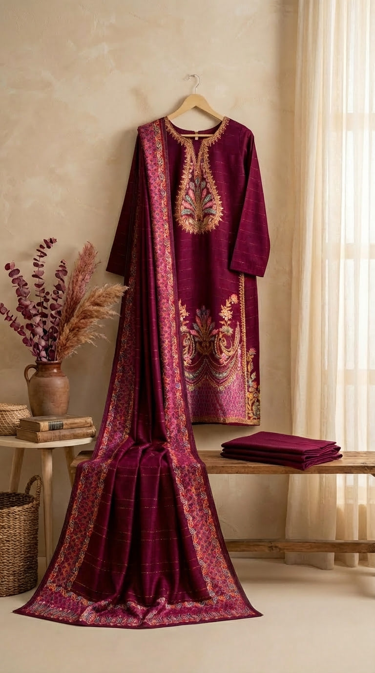 3-Piece Unstitched Persian Burgundy Luxury Embroidered Lawn Suit