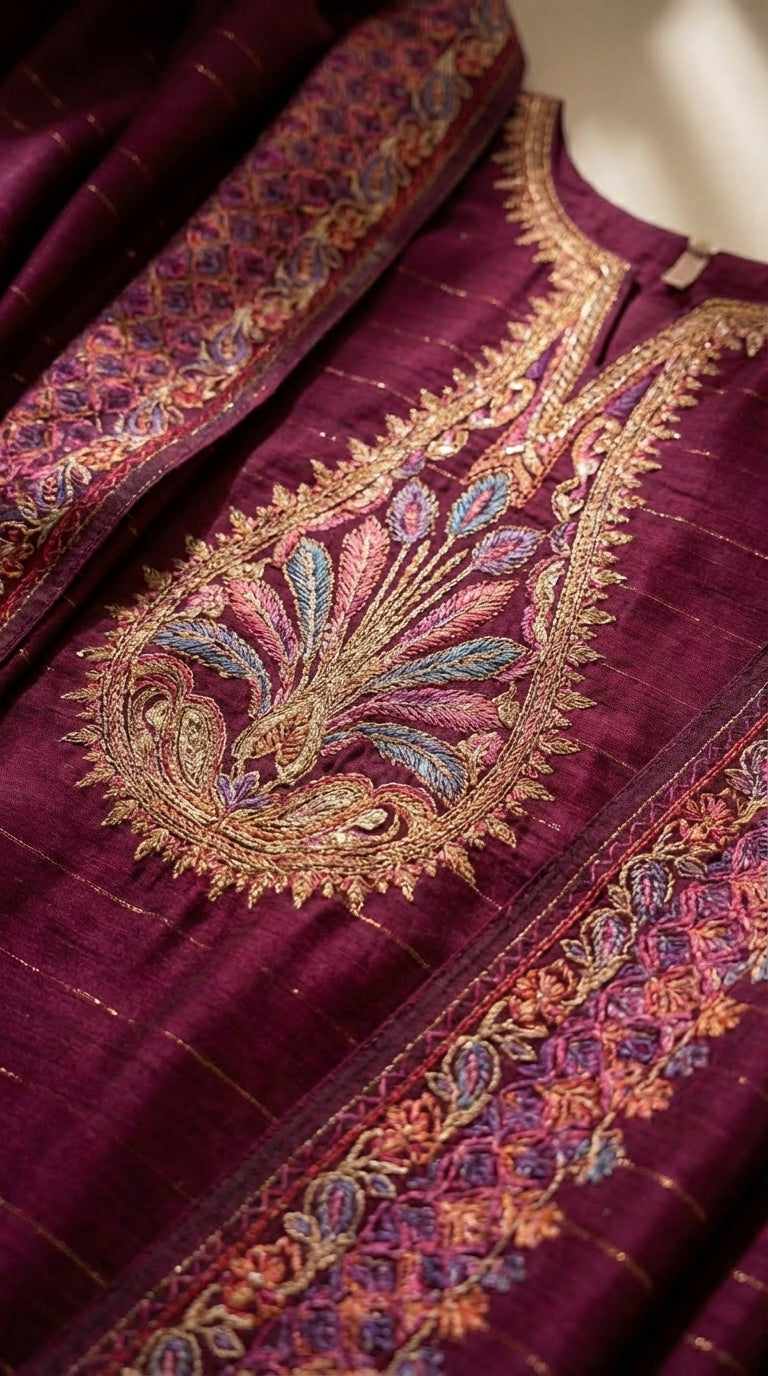 3-Piece Unstitched Persian Burgundy Luxury Embroidered Lawn Suit