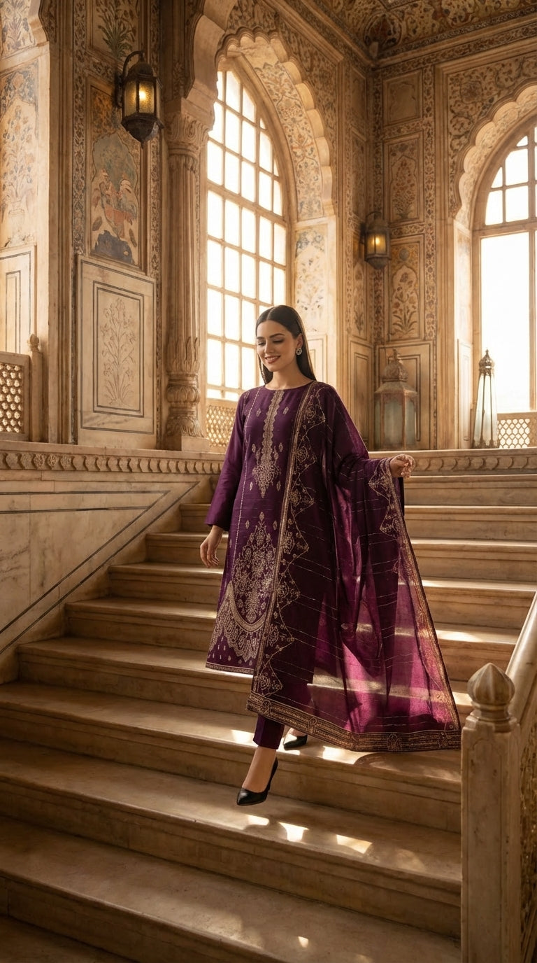 3 Piece Unstitched Royal Purple Luxury Embroidered Lawn