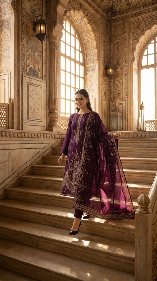 3 Piece Unstitched Royal Purple Luxury Embroidered Lawn