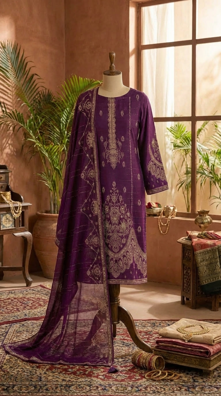 3 Piece Unstitched Royal Purple Luxury Embroidered Lawn