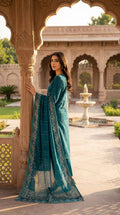 3 Piece Unstitched Peacock Blue Luxury Embroidered Lawn