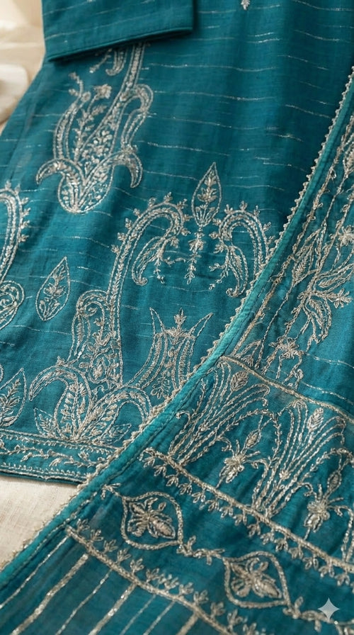 3 Piece Unstitched Peacock Blue Luxury Embroidered Lawn