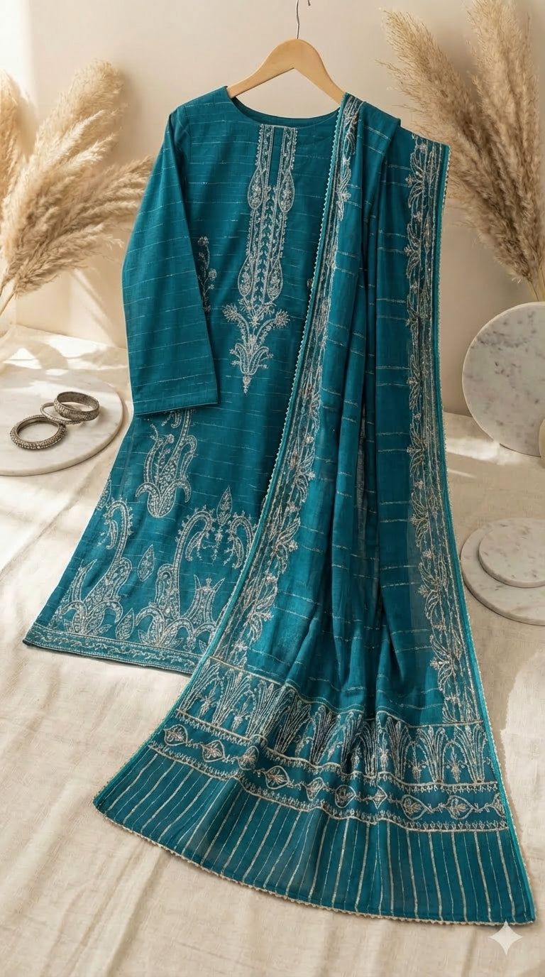 3 Piece Unstitched Peacock Blue Luxury Embroidered Lawn
